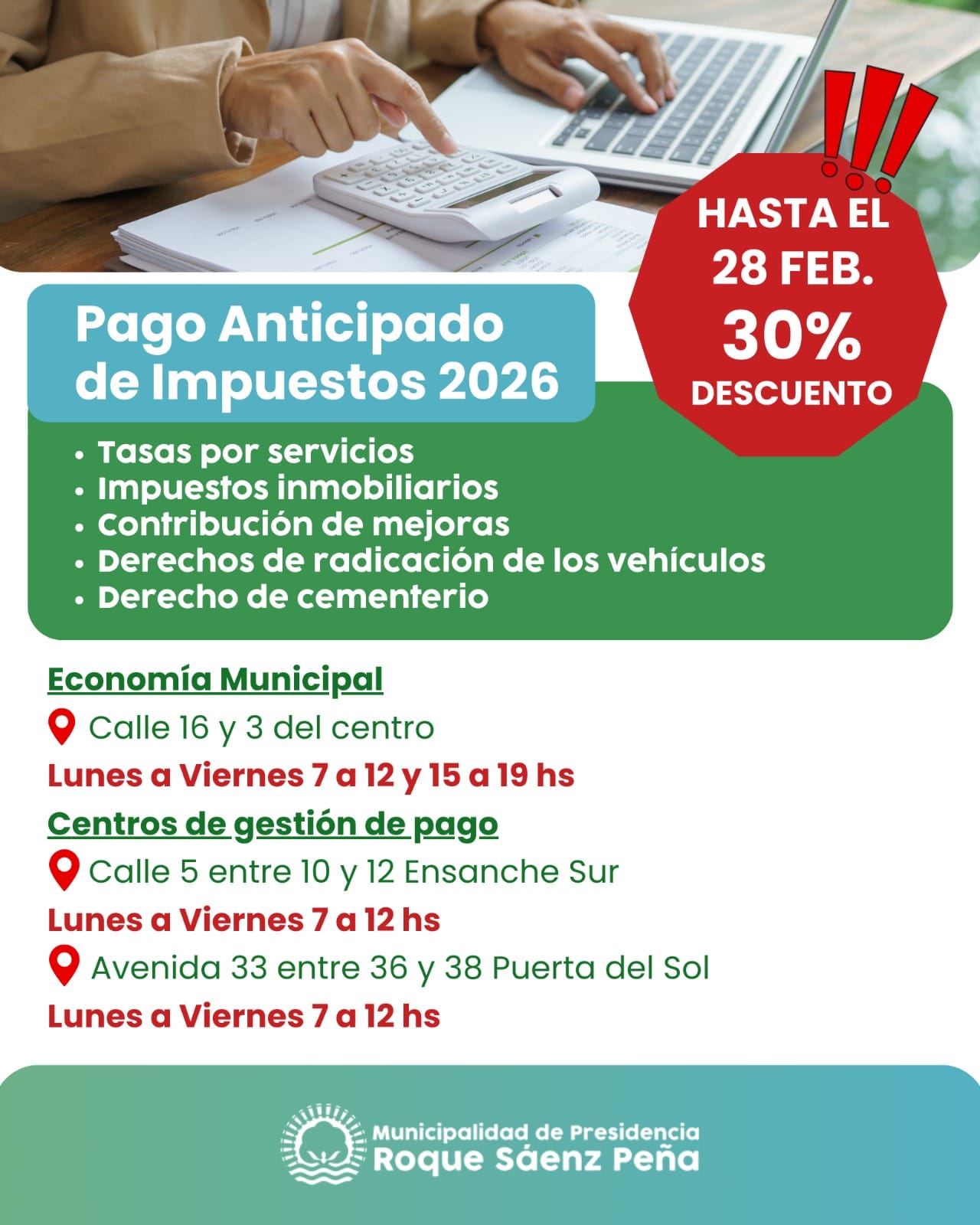 El  Municipio ofrece un 30% de descuento en el pago anticipado de impuestos 2026