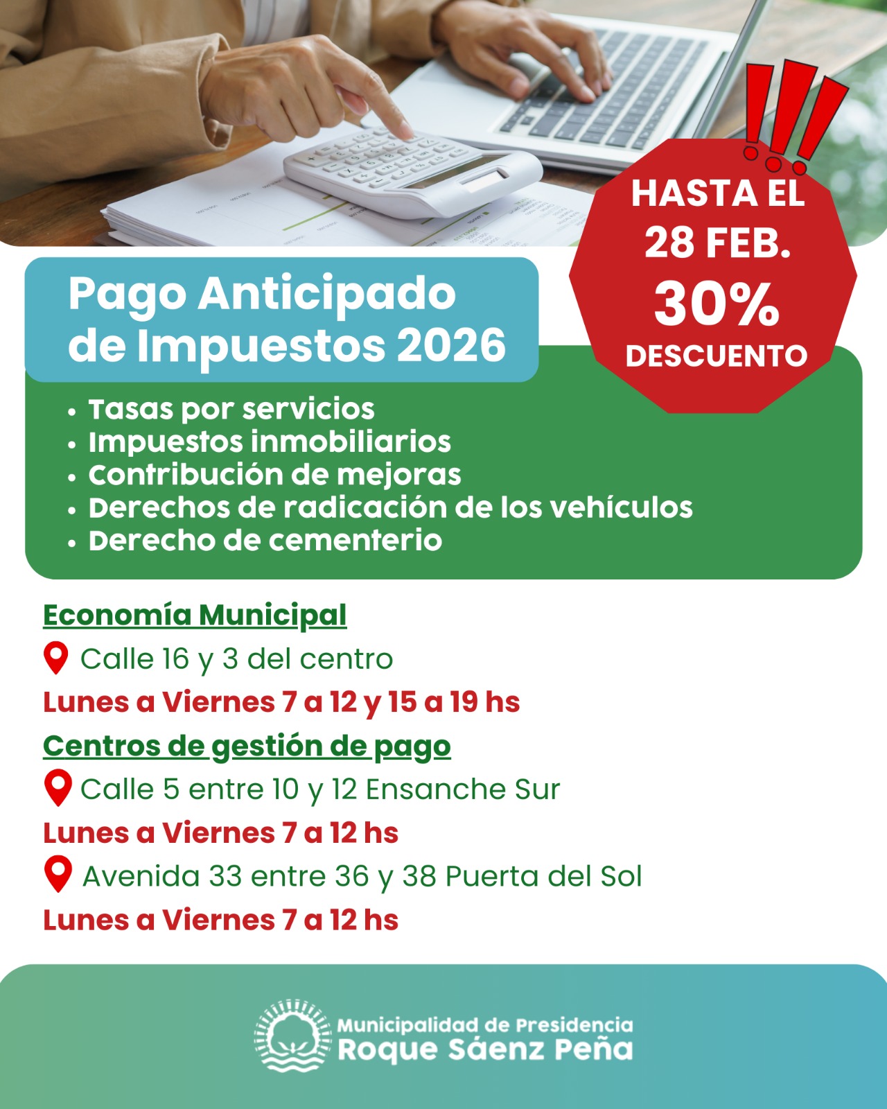 Hasta el 28 de febrero se encuentra vigente el 30% de descuento en el pago anticipado de impuestos 2026